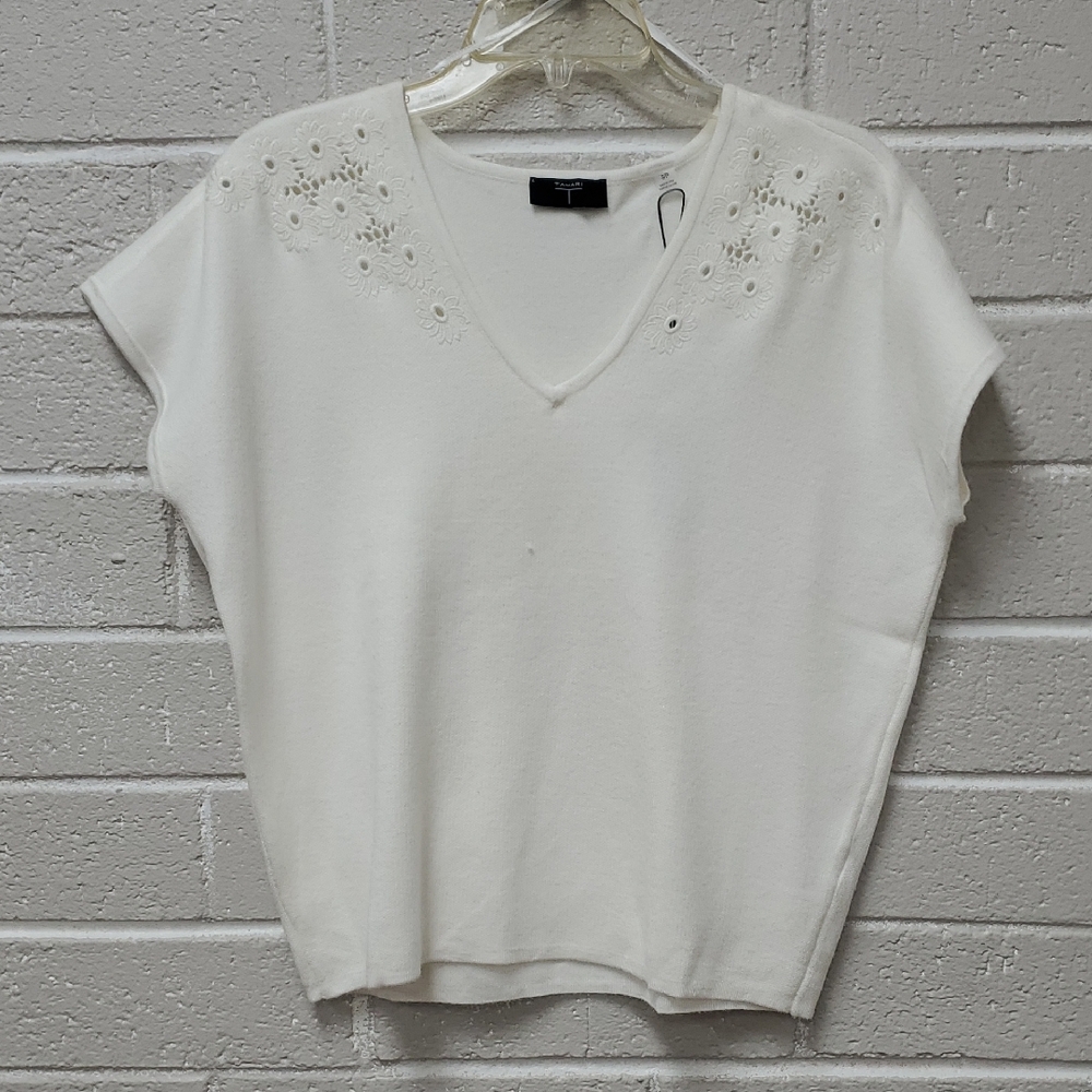 3/$20 White V-Neck Embroidered Women Top